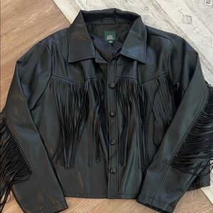 wild fable Black Faux Leather Fringe Button-Up Jacket